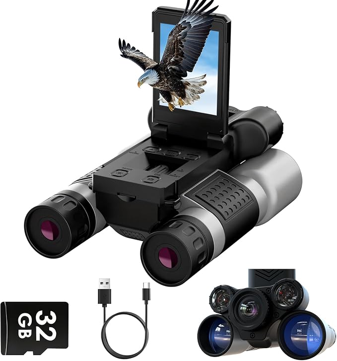 Binoculars with Camera and Night Vision - 12x42 Digital Binoculars with 2.4" IPS Screen, 7 IR Modes for 200-300m in Darkness, for Adults Bird Watching, Hiking, Camping - Includes 32GB Card (Black)