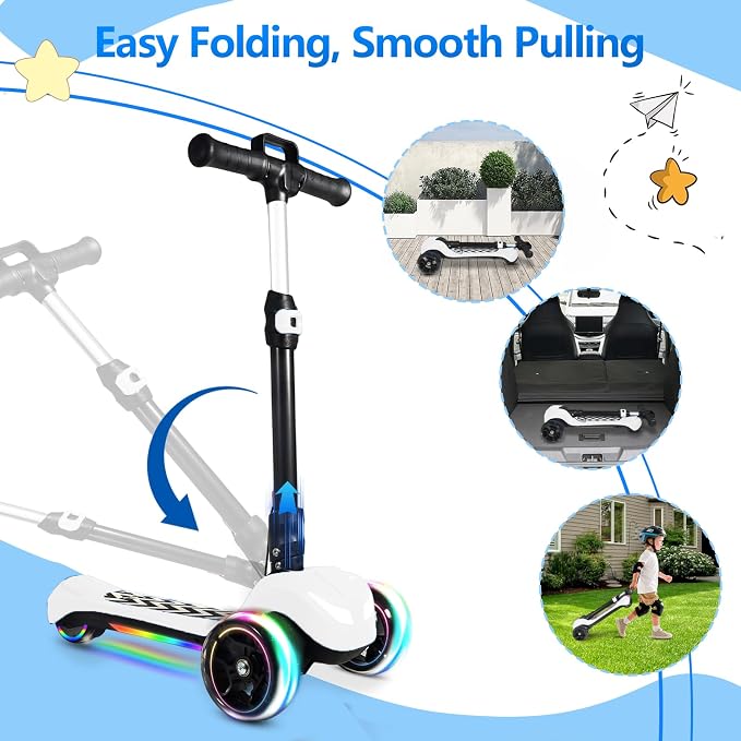 Electric Scooter for Kids Ages 3-12, Full Body Lights Up, Wide Deck, 3 Adjustable Heights, 5MPH Safe Speed, 90min Riding, Foldable 3 Wheel Electric Scooter for Kids Boys Girls Toddler