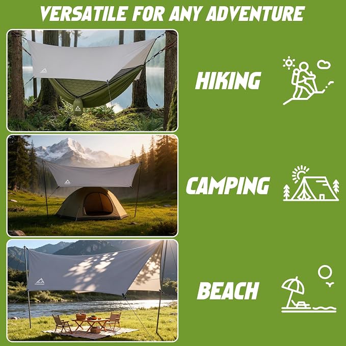 Hammock Rain Fly Tarp – 3000 mm Waterproof Camping Tarp Cover, Easy Set Up with Tent Stakes & Carry Bag, 11ft x 9ft - Ultralight Hammock & Tent Accessory