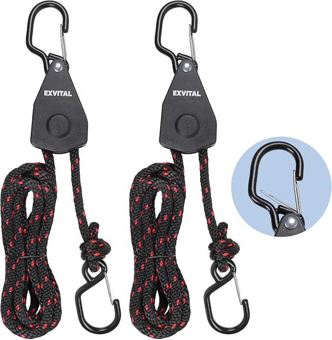 2PCS Kayak Rope Tie Down Ratchet Straps 3/8" ×12' Bow and Stern Tie Down Kayak with Safety S Hook Heavy Duty Ratchet Rope Kayaks and Canoe Accessories Black