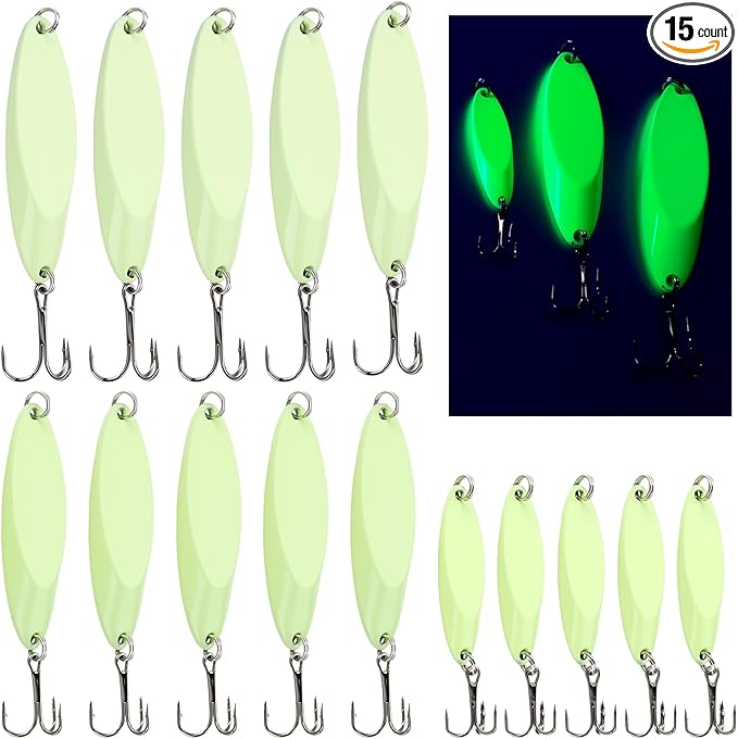 15 Pcs Glow in The Dark Fishing Lures with Treble Hook Jigs 5g/21g/28g Weights Luminous Metal Fishing Spoons Glitter Casting Spinner Baits Spoon for Freshwater Saltwater Bass Trout