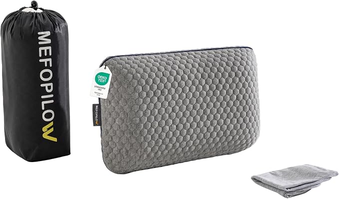Memory Foam Travel Pillow with Washable Cover & Carry Bag – Compact, Soft & Breathable Neck Pillow for Airplane, Camping & Car (Gray- with Extra Gray Cotton Cover, 15.7x9.8x3.9 inches)
