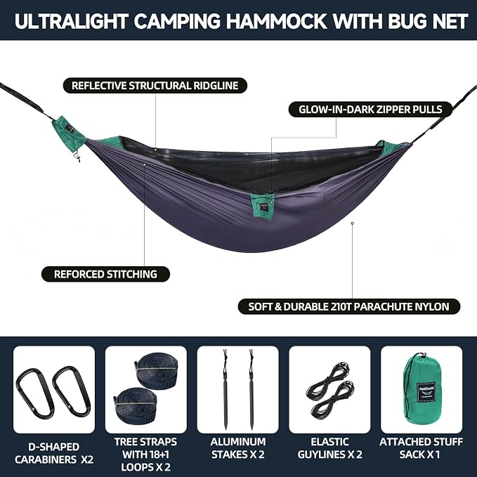 Camping Hammock with Mosquito Net, Ultralight Backpacking Hammock with Tree Straps & Stakes, 210T Parachute Nylon Portable Single Outdoor Hammock with Integrated Stuff Sack (Rose Gray & Forest Green)