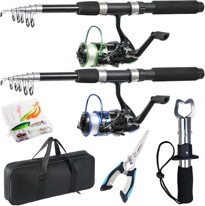 Tripquips Fishing Pole Combo, 6.9ft Telescopic Rods Set, Collapsible Carbon Fiber Fishing Rods, Spinning Reel Set with Carrier Bag Freshwater Fishing Rod and Reel Combos Kits