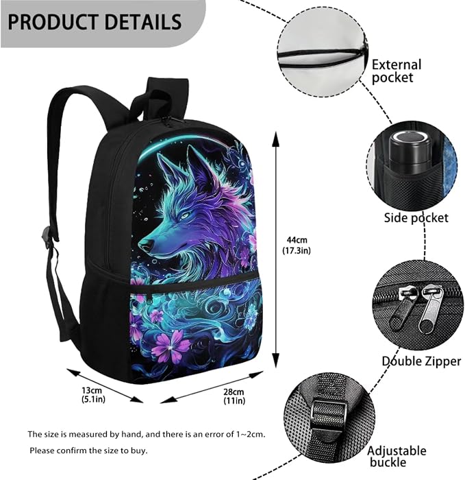 Wolf School Bag Girls Backpack with Lunch Bag and Pencil Pouch Water Bottle Holder Childrens School Daypack Travel Bag Satchel Bagpack Set 4 in 1