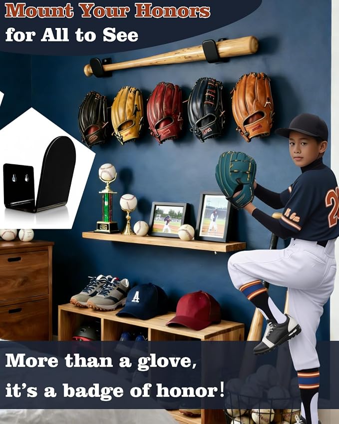 2 Pcs Baseball & Softball Glove Wall Mount Holder、Organizer 、Hanger、Stand、Frame, Keeps Glove Shape,Sports Decor Storage Display Rack for Bedroom、Living Room、Garage or Office, Great Gift for Players
