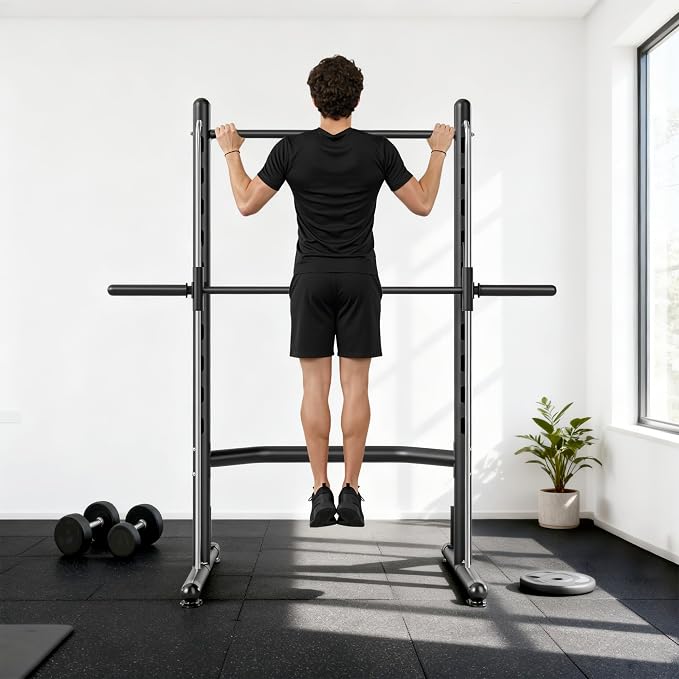 Soozier Squat Rack with Pull-Up Bar, Adjustable Power Rack with Barbell Bar, Multi-Functional Steel Bench Press Rack for Home Gym Strength Training, Black