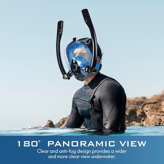 Adult Full Face Snorkel Mask, Waterproof Dual Breathing Tubes, Patented Design, Breathing Through The Nose, Professional Snorkeling Gear for Vacation, Mountable Action Camera