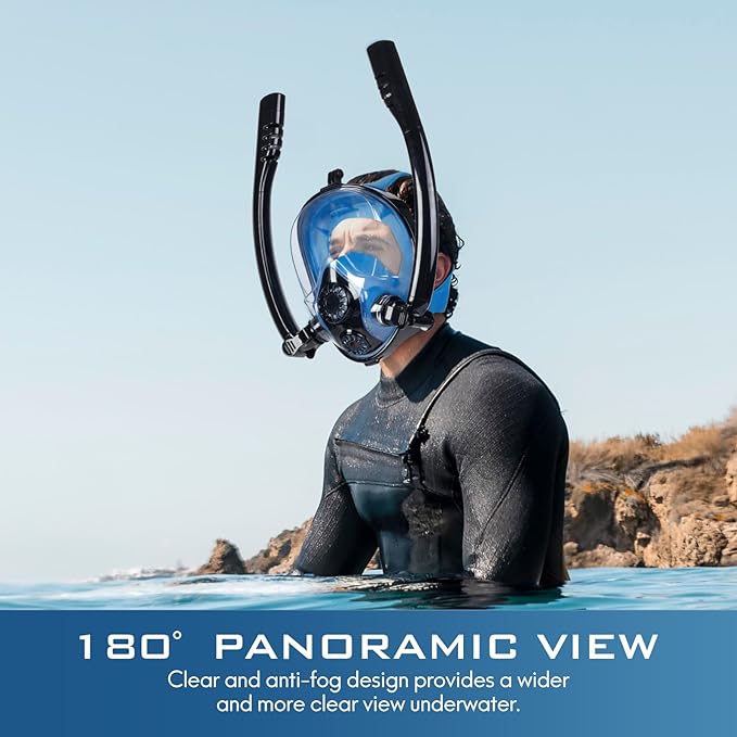 Adult Full Face Snorkel Mask, Waterproof Dual Breathing Tubes, Patented Design, Breathing Through The Nose, Professional Snorkeling Gear for Vacation, Mountable Action Camera