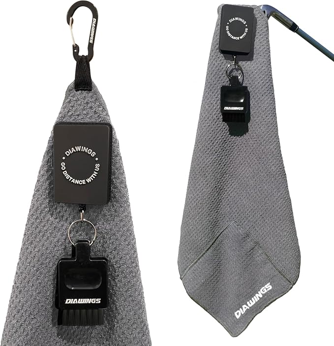 Diawings All in One Golf Towel, 5-in-1 Multi-Functional Golf Towel, with Magnetic Hold, Waffle Weave Microfiber Club & Ball Towel, Retractable Brush, Carabiner Clip – Ultimate Golf Accessory (Gray)