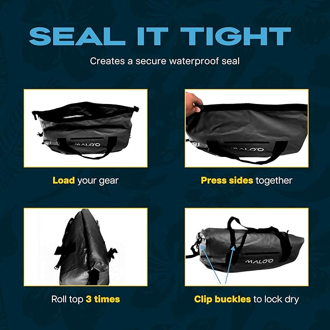Malo’o Waterproof Dry Duffel, Heavy-Duty Roll Top Waterproof Gear Bag with Shoulder Strap & Molle Loops, Marine Duffel for Kayaking, Boating, Camping, Beach & Travel, Black, 100L