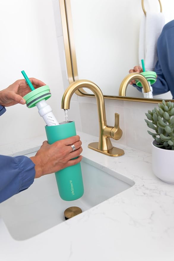 LifeStraw Go Series — Insulated Stainless Steel Water Filter Tumbler, 18oz, Aegan Sea, Removes Bacteria, Parasites, Microplastics, Improves Taste