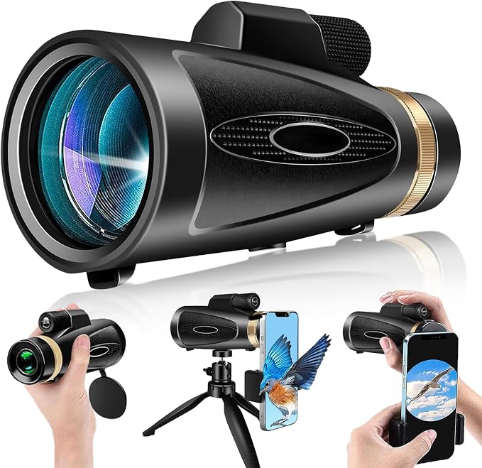 Monocular Telescope 80x100 HD Monoculars for Adults with Tripod & Phone Adapter, Monoculars for Stargazing Camping HikingTravel-Black