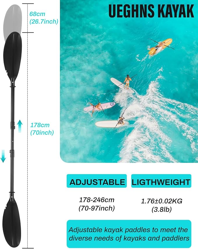 Kayak Paddles with Paddle Leash, Kayaking Oars 70in/178cm-97in/246cm Kayaking Canoeing Boating for Surfing Oar Fishing Lightweight Paddling Blades Kayak Paddles for Adults Heavy-Duty and Durable