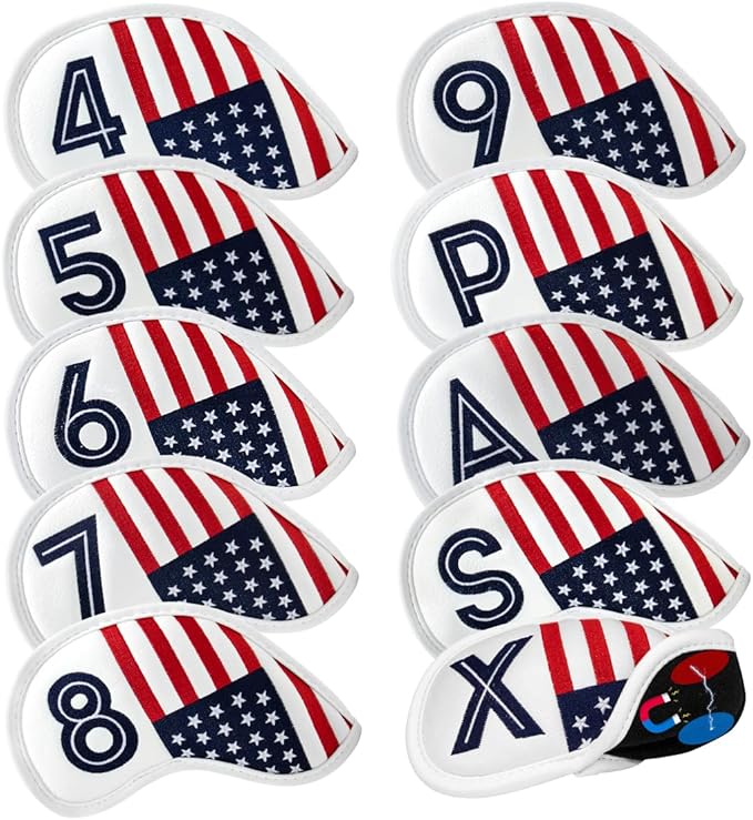 Magnetic Golf Iron Covers Premium Leather Iron and Wedge Golf Club Head Covers - Set of 10 Fits Most Clubs USA American Flag Head Cover Set Headcovers for Irons