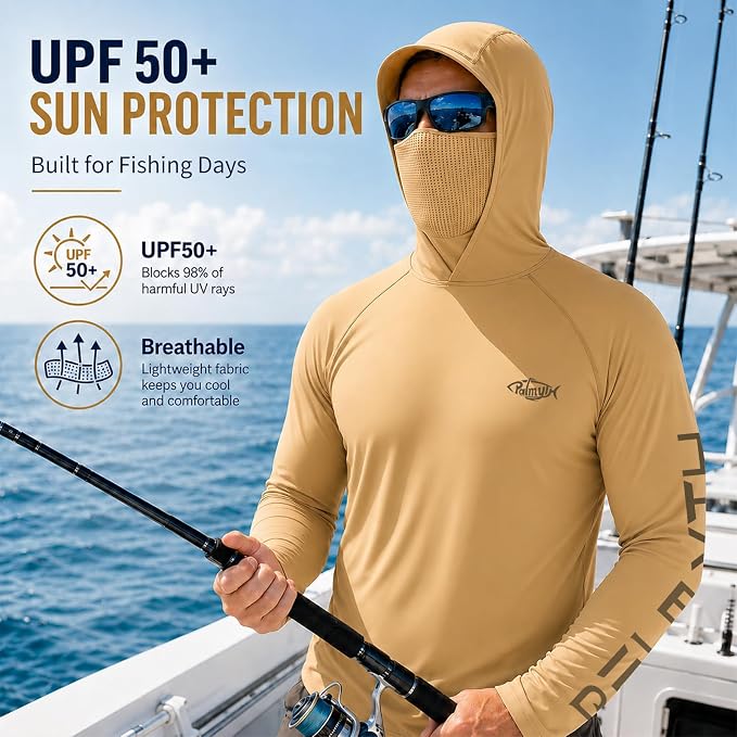Palmyth Men's Fishing Hoodie Shirt UPF 50+ Quick-Dry Breathable Long Sleeve | Long Sleeve Fishing Shirt, UPF 50+ Sun Protection, Quick-Dry Fabric, Breathable Mesh Back, Built-in Face Mask, 4-way Stretch