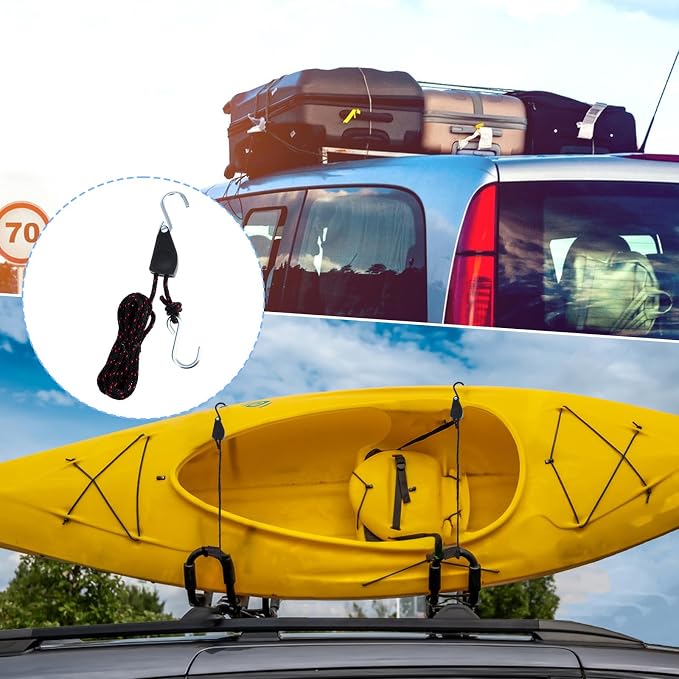 6 Pack Kayak Rope Tie Downs Ratchet Straps, 1/4" x 11.8ft Kayak-Ratchet-Ties Downs Canoe Bow and Stern Ties Down Straps, Heavy Duty Adjustable Rope Clip Tie Down Kayak and Canoe Accessories