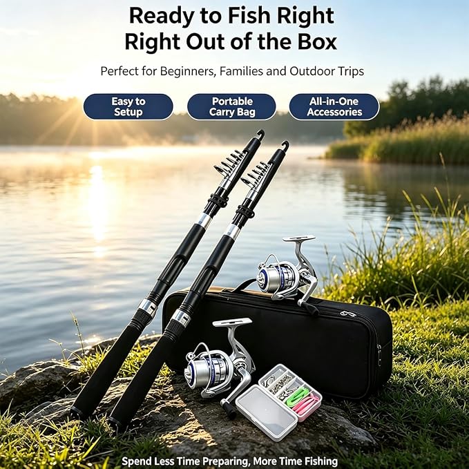 Fishing Pole Combo Set,2.1m/6.89ft 2PCS Collapsible Rods 2PCS Spinning Reels Lures Set Carrier Bag Carbon Fiber Telescopic Fishing Rods Sea Saltwater Freshwater Kit Fishing Rod Reel Combos