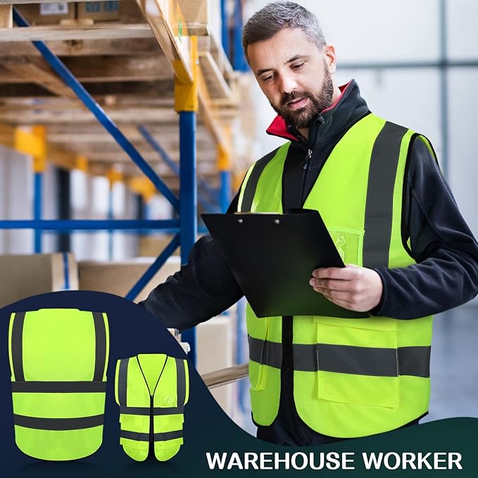 JaGely 15 Pack Reflective Safety Vests with Pockets and Zipper Construction Work High Visibility Vest for Men Women(X-Large,Fluorescent Green)