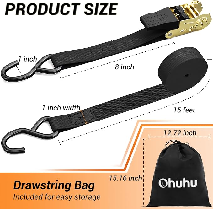 Ratchet Tie Down Strap 8-Pack 15 Ft - 500 lbs Load Cap with 1500 lbs Breaking Limit, Ohuhu Ratchet Tie Downs Logistic Cargo Straps for Moving Appliances, Motorcycle, Black