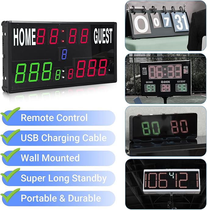 Samshow 2025 LED Electronic Scoreboard Digital Score Keeper with Remote, Basketball Scoreboard with Shot Clock & Timer & 12/24h Real Time for Football/Corn Hole/ping Pong/Table Tennis
