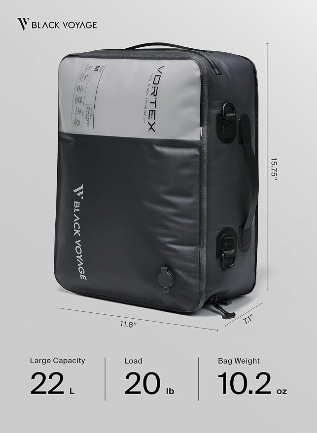 Black Voyage Reusable Vacuum Compression Travel Bag for Carry-On Suitcase and Backpack, Recycled IPX8 Waterproof Space Saver Vacpack (1-Pack, 21L - No Pump)