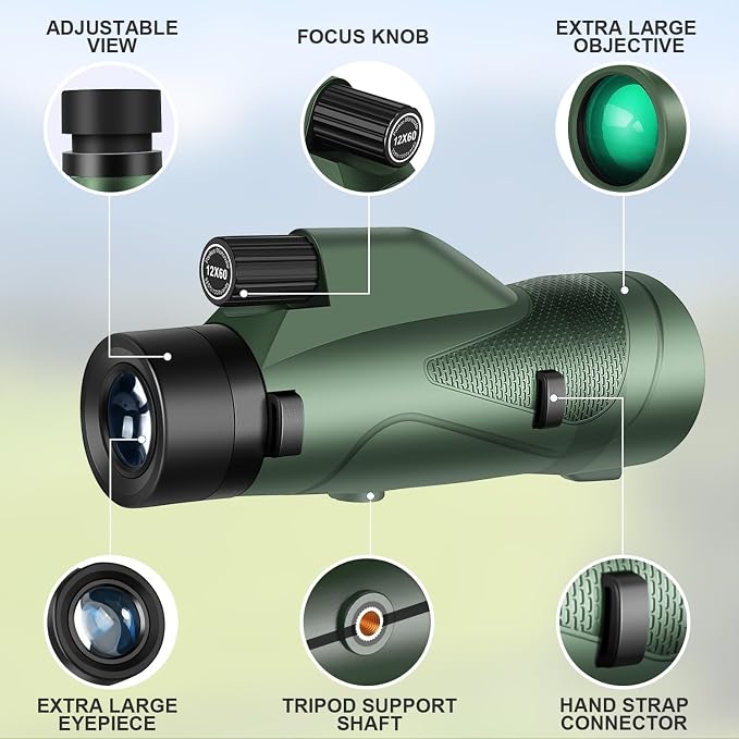 Pankoo 12x60 HD Monocular Telescope for Adults high Powered | Comes with Smartphone Adapter Tripod Hand Strap | Suitable for Bird Watching Sports Hiking Traveling