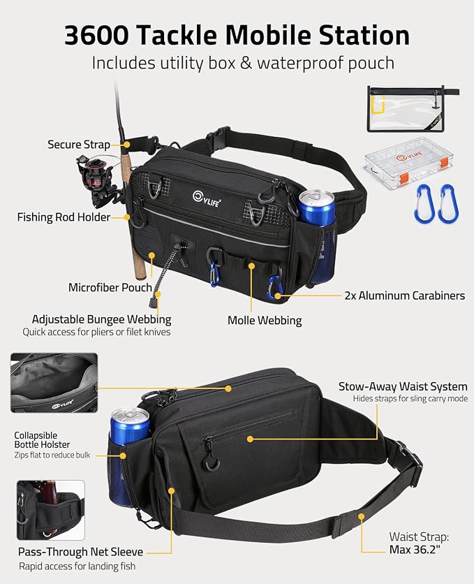 CVLIFE Fishing Tackle Bag Waist Pack with Rod Holder, Waterproof Fanny Pack | 900D Fabric, Convertible Carry, Detachable Shoulder Strap, Landing Net Holster, 3600 Tackle Box, Waterproof Pouch, Carabiners