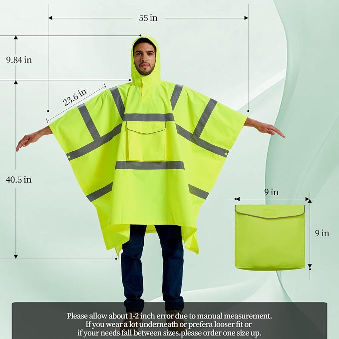 SRsafety Hi Vis Rain Poncho,High Visibility Rain Ponchos for Adults with Pocket,Safety Rain Jacket Stowable Conjoined Cap