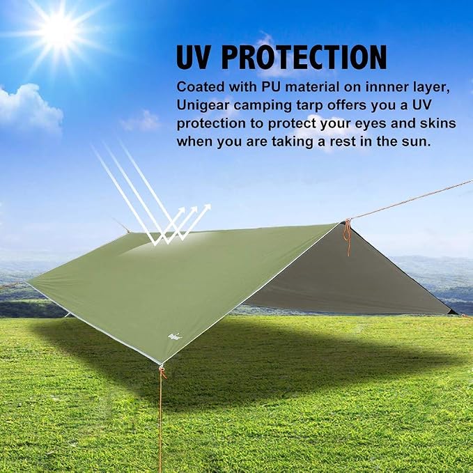 Unigear Hammock Rain Fly, 16.5/14.4/13.1/9.8ft Camping Tarp, UV Protection & Waterproof & Lightweight for Camping, Backpacking and Outdoor Adventure (Green, 9.8 * 13.1ft)