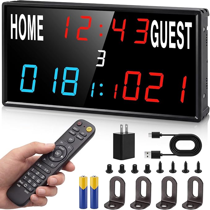 15 Inch LED Digital Scoreboard with 33FT Remote - Timer & 24H Clock, IPX6 Waterproof, 6 Brightness, Dual Power: USB-C Plug-in & Power Bank, Wall Mount for Cornhole Basketball Pickleball