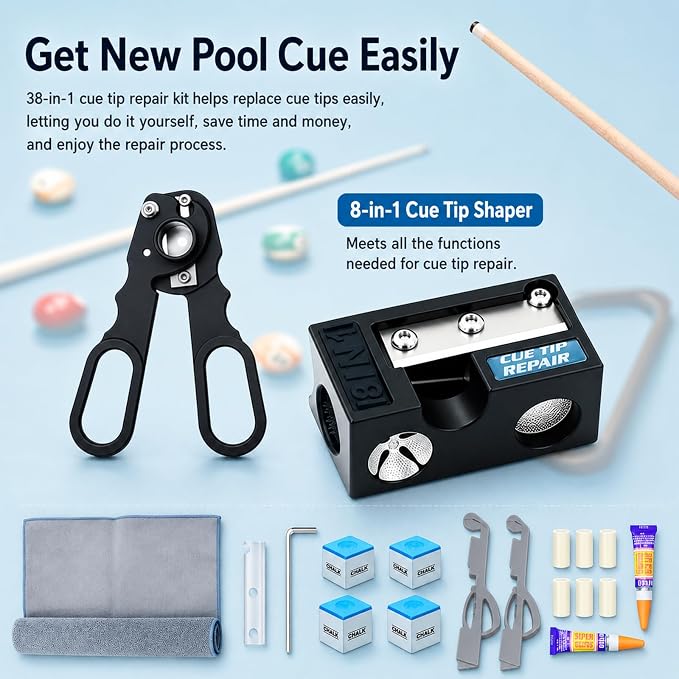 Pool Cue Tips Replacement Kit, 13mm Pool Stick Tips Replacement Kit Billiards Cue Tips Shaper Tools, Pool Cue Replacement Tips Repair Kit Billiard Pool Accessories