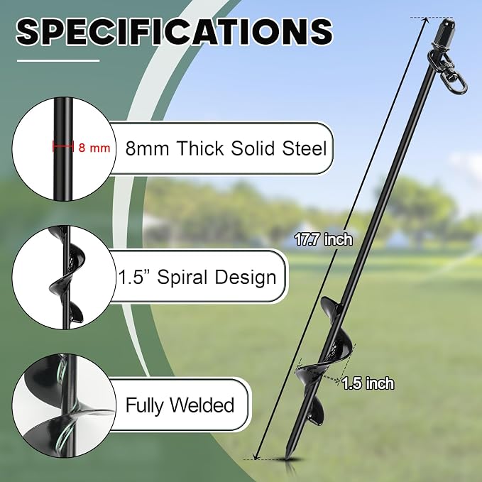 6 Pack Screw-in Tent Stakes, 17.7" Heavy Duty Spiral Ground Anchors (8mm Solid Steel, 1.5" Helix) w/ 6×8ft Ratchet Guy Lines, M12 Wrench & Bag for Camping Tents, Canopies, Tarps, Beach Sand