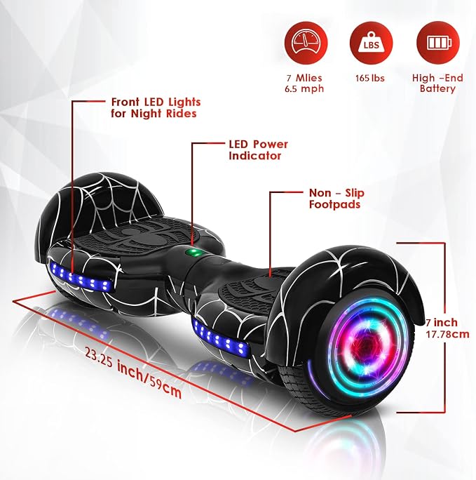 Spider-Pattern Hoverboard for Kids Ages 6-12, with Bluetooth Speaker and LED Lights 6.5" Hover Board, UL2272 Safety Certified (Black)