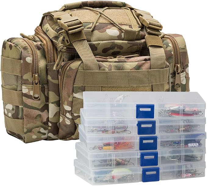 Dr.Fish Fishing Tackle Bag 5 Boxes with 60 Lures Included Loaded Stocked Tackle Box Set Spinner Lures Kit Freshwater Gear Equipment