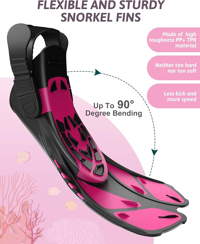 Viginsul Snorkeling Gear for Kids Teens, Full Face Snorkel Mask & Adjustable Swim Fins Snorkel Set, Panoramic View Snorkel Mask with Dry Top System & Gear Bag, Anti-Fog Anti-Leak