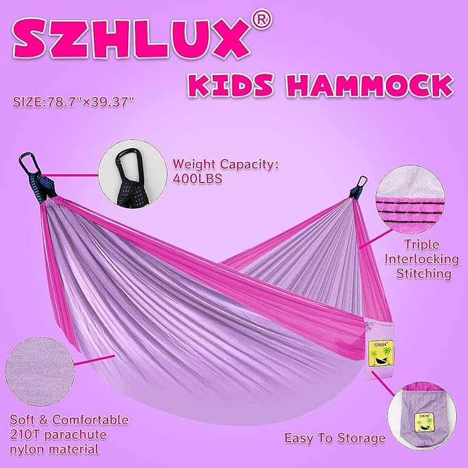 SZHLUX Kids Hammock - Kids Camping Gear, Camping Accessories with 2 Tree Straps and Carabiners for Indoor/Outdoor Use, Pink & Light Purple