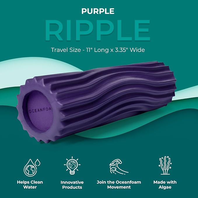 Oceanfoam Ripple Travel Foam Roller (11" x 3.35") Firm Mini Foam Roller for Physical Therapy, Deep Tissue Massage, Back Pain - High Density, Ergonomic Wave Textured - Yoga, Pilates, Exercise (Seafoam)