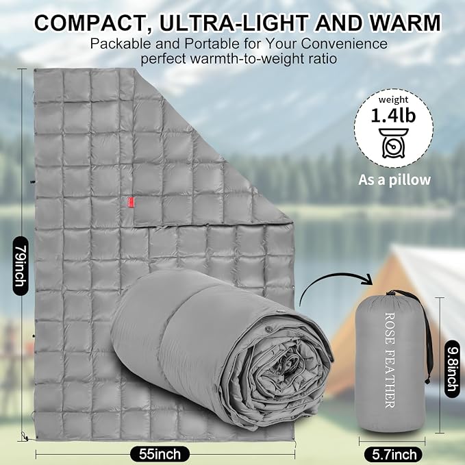 Down Camping Blanket - Lightweight, Packable, Warm & Puffy Outdoor Travel Quilt for Sleep, Hiking, Backpacking, Stadium, Festivals, Water-Resistant Sleeping Bag 55"x79"