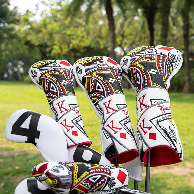 Golf Club Covers Poker Diamond King Driver Cover Fariway Wood Headcover 3 Hybrid Head Covers Blade Putter Cover Mallet Putter Haedcovers with Magnetic Closure for Most Brand