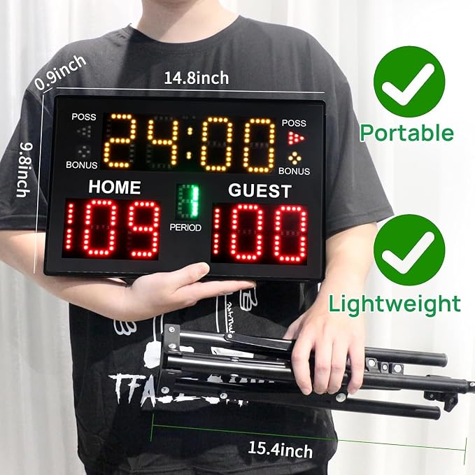 Portable Digital Scoreboard with Remote, LED Electronic Score Keeper, Battery Powered Basketball Score Board, Outdoor Scoreboard for Indoor Outdoor Courts & Sports Events