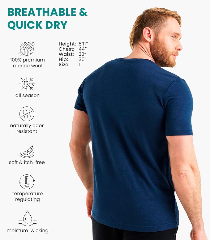 Merino Wool T-Shirt Mens - Merino Wool Undershirt Thermal Shirt for Men and Hiking Socks