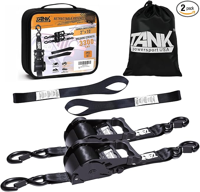 3300LB Retractable Ratchet Straps with Soft Loops(2 Pack), 2" x 10FT Heavy Duty Auto Self Retracting Tie Down Straps for Trucks, Motorcycle, Cargo, Trailer, Moving-Black