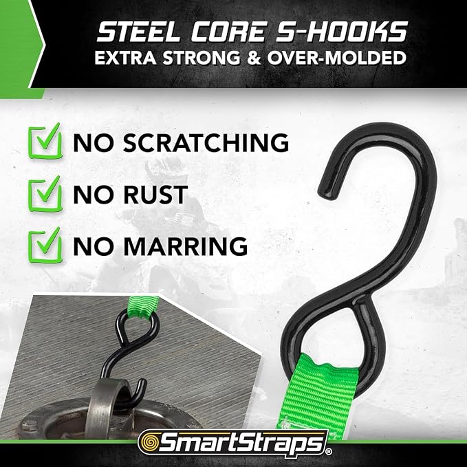 SMARTSTRAPS Retractable Ratchet Tie Down Straps (4 PK) 1,500lb Break Strength, 500lb Safe Work Load, Standard Duty, Secure and Haul ATVs, Lawn Tractors, Cargo, Boxes and Other Small Equipment