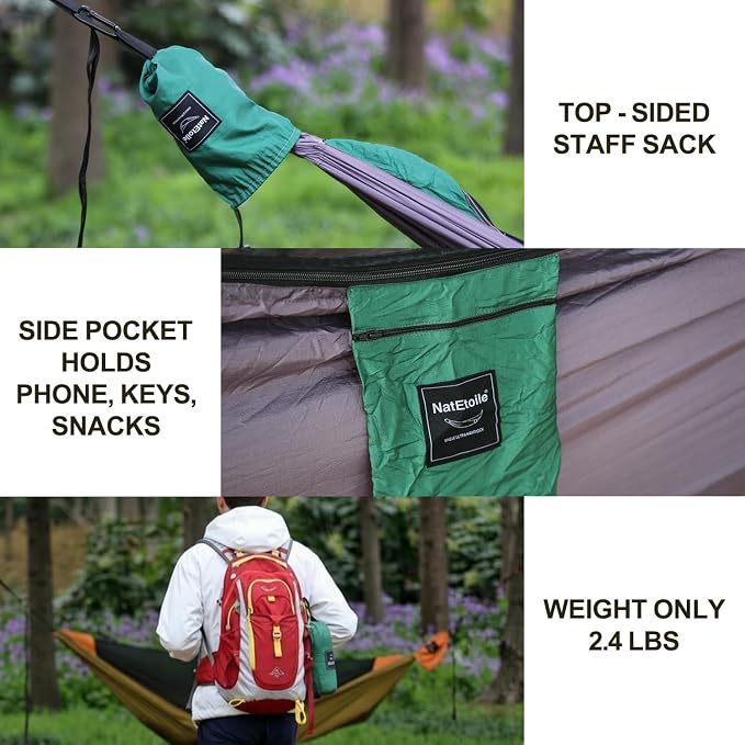 Camping Hammock with Mosquito Net, Ultralight Backpacking Hammock with Tree Straps & Stakes, 210T Parachute Nylon Portable Single Outdoor Hammock with Integrated Stuff Sack (Rose Gray & Forest Green)