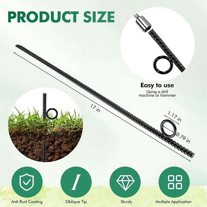24 Pack 17 Inch Rebar Stakes with Loop, Heavy Duty Ground Anchor Black Steel Ground Stake, Reusable Tent Rebar Tent Stakes for Sheds Outdoor Camping Walkway Fence Canopies