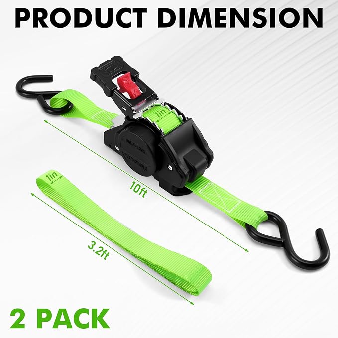 LEVELEVE Retractable Ratchet Tie Down Straps (1" x 10FT, 2-Pack, Green) - Heavy Duty 1760LBS Break Strength Quick-Lock, Weather Resistant for Moving, Cargo, Trucks & Boats