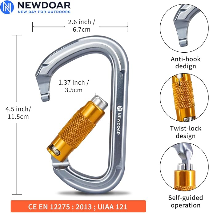 NewDoar 28KN UIAA & CE Certified Auto Climbing Carabiner Professional Heavy Duty Caribeaner for Rappelling D-Shaped
