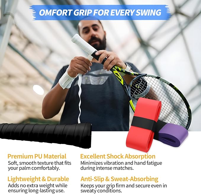 Tennis Racket Grip Tape, Precut Sweat-Absorbing Tennis Overgrip Tape, Anti-Slip and Dry Feel Tennis Tape for Pickleball, Badminton & Tennis (10 Colors)