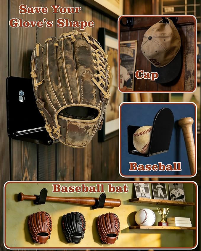 2 Pcs Baseball & Softball Glove Wall Mount Holder、Organizer 、Hanger、Stand、Frame, Keeps Glove Shape,Sports Decor Storage Display Rack for Bedroom、Living Room、Garage or Office, Great Gift for Players